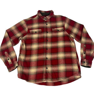 Orvis Shirt Jacket Mens L Heavy Flannel Shacket Hand Pockets Red Plaid Button